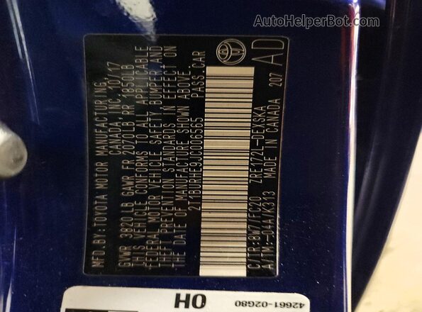 2T1BURHE9JC006565 2018 TOYOTA LL Синий Вид наклейки с VIN-кодом