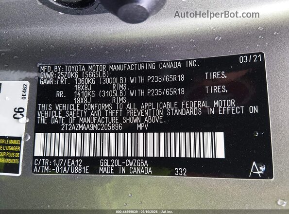 2T2AZMAA9MC205896 2021 LEXUS RX 350 Beige 