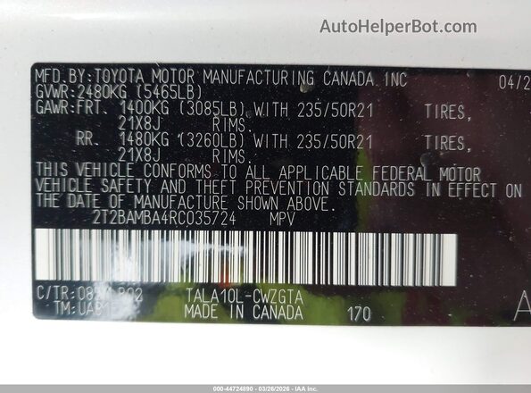 2T2BAMBA4RC035724 2024 LEXUS RX 350 Белый Вид подкапотного пространства