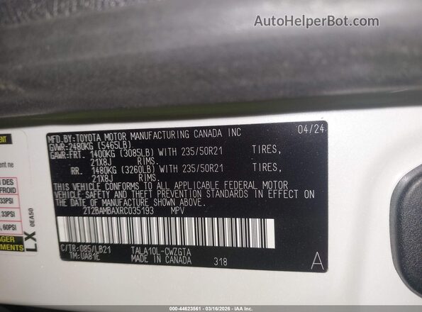 2T2BAMBAXRC035193 2024 LEXUS RX 350 White ძრავის განყოფილების ხედი