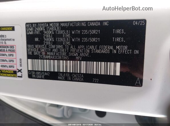 2T2BAMBAXSC061945 2025 LEXUS RX 350 Белый Вид подкапотного пространства