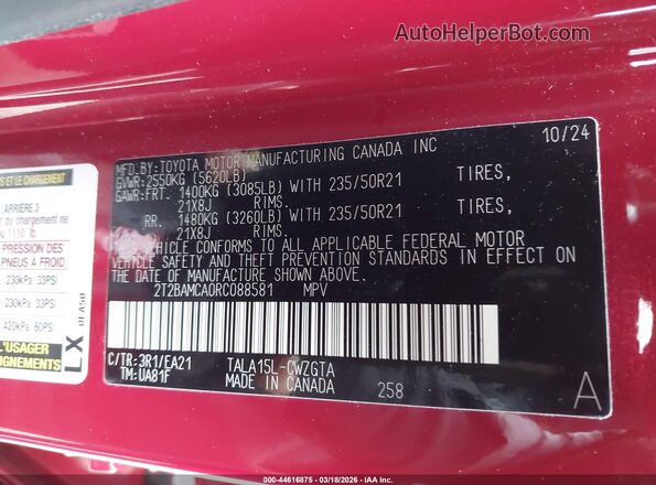 2T2BAMCA0RC088581 2024 LEXUS RX 350 Red Widok komory silnika