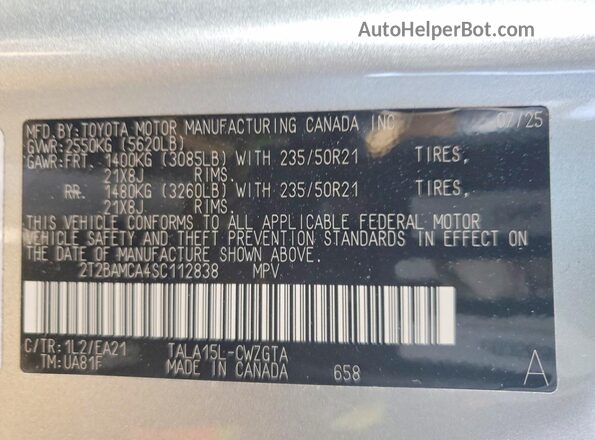 2T2BAMCA4SC112838 2025 LEXUS RX Silver 