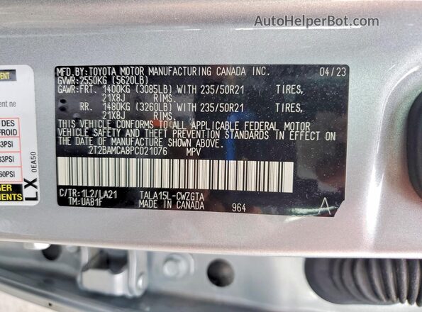 2T2BAMCA8PC021076 2023 LEXUS RX Silver Widok naklejki z numerem VIN