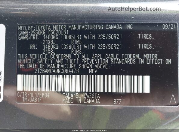 2T2BAMCA9RC084478 2024 LEXUS RX 350 Black Widok komory silnika