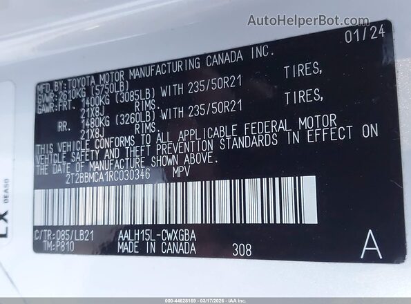 2T2BBMCA1RC030346 2024 LEXUS RX 350H White Widok komory silnika