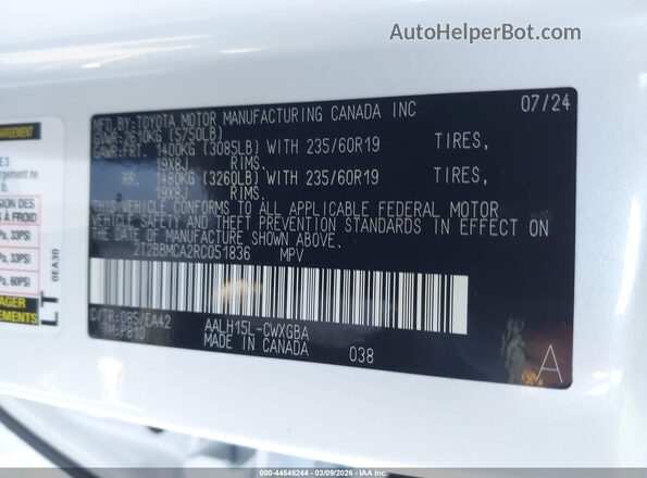 2T2BBMCA2RC051836 2024 LEXUS RX 350H White ძრავის განყოფილების ხედი
