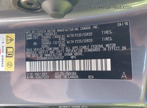 2T2BGMCA5GC006307 2016 LEXUS RX 450H Серый Вид подкапотного пространства