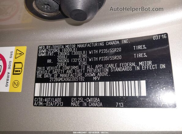 2T2BGMCA9GC005192 2016 LEXUS RX 450H Gold Vista del compartimento del motor