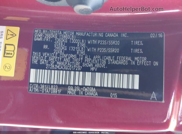 2T2BZMCA3GC017297 2016 LEXUS RX 350 Red Вид підкапотного простору