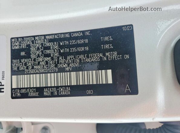 2T2GDCAZ6RC012279 2024 LEXUS NX White VIN კოდის სტიკერის ხედი
