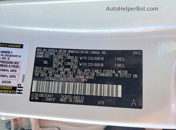 2T2GGCEZ1NC011570 2022 LEXUS NX White Вид наклейки з VIN-кодом