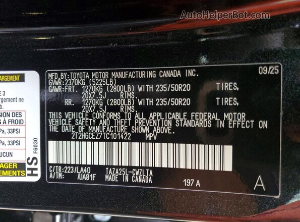 2T2HGCEZ7TC101422 2026 LEXUS NX Black Vista de la etiqueta del VIN