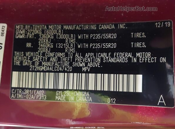 2T2HGMDA4LC047420 2020 LEXUS RX 450H Красный Вид подкапотного пространства