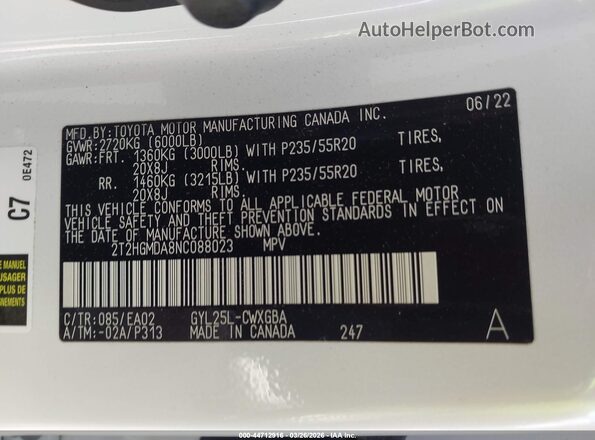 2T2HGMDA8NC088023 2022 LEXUS RX 450H White Widok komory silnika