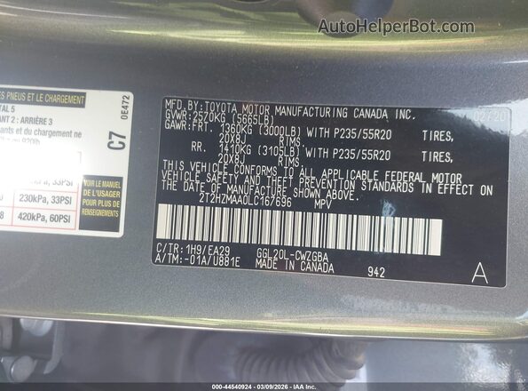 2T2HZMAA0LC167696 2020 LEXUS RX 350 Gray 
