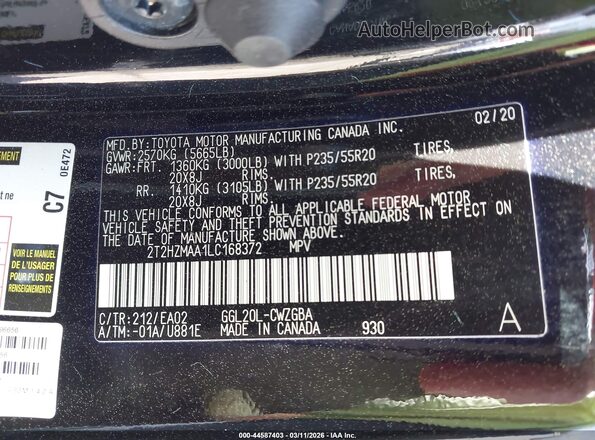 2T2HZMAA1LC168372 2020 LEXUS RX 350 Черный 