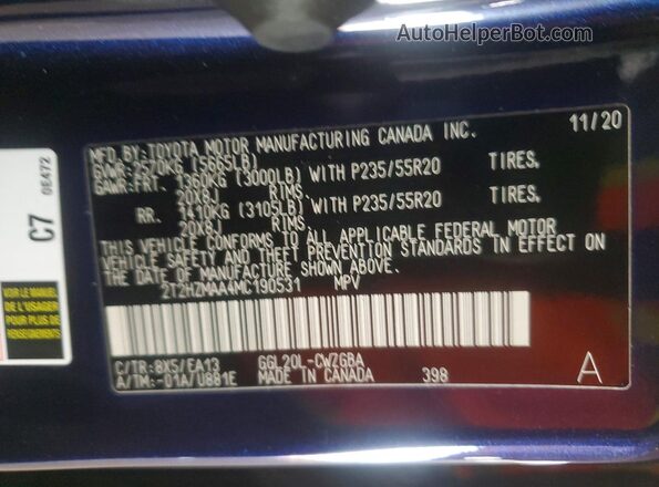 2T2HZMAA4MC190531 2021 LEXUS RX Blue VIN կոդի պիտակի տեսք