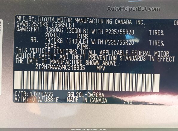 2T2HZMAA5MC218935 2021 LEXUS RX 350 Gray Widok komory silnika