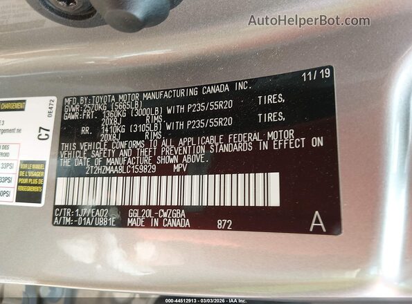 2T2HZMAA8LC159829 2020 LEXUS RX 350 Silver Widok komory silnika