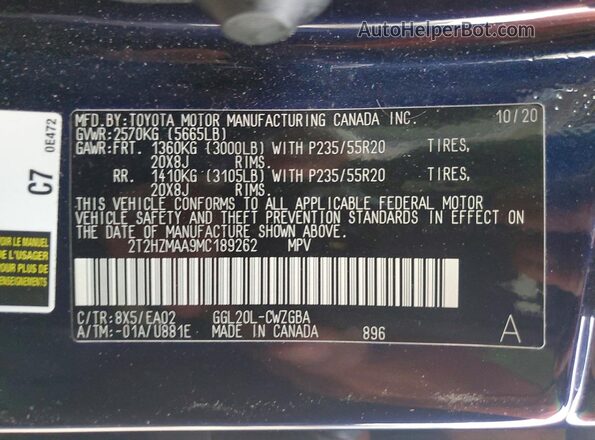 2T2HZMAA9MC189262 2021 LEXUS RX Blue VIN sticker view