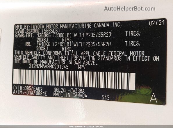 2T2HZMAA9MC201345 2021 LEXUS RX 350 White Engine compartment view