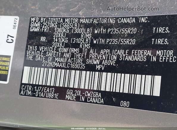 2T2HZMAAXLC169035 2020 LEXUS RX 350 Серебряный Вид подкапотного пространства