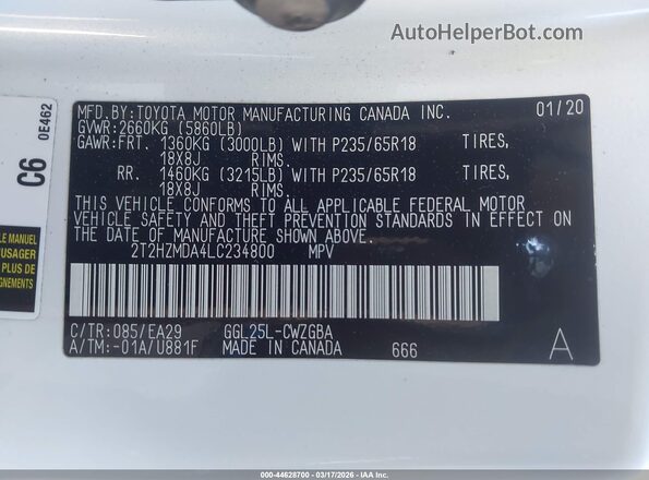 2T2HZMDA4LC234800 2020 LEXUS RX 350 White Vista del compartimento del motor