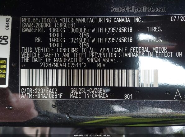 2T2HZMDA4LC251113 2020 LEXUS RX 350 Black 