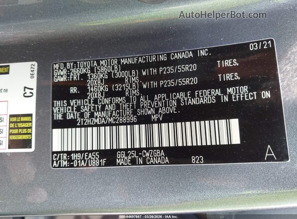 2T2HZMDA7MC288996 2021 LEXUS RX 350 Gray 