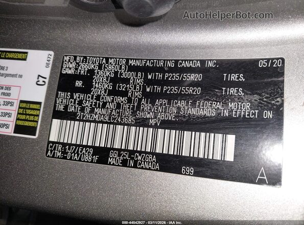 2T2HZMDA9LC243685 2020 LEXUS RX 350 Silver 