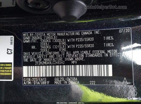 2T2HZMDA9LC249342 2020 LEXUS RX 350 Black 