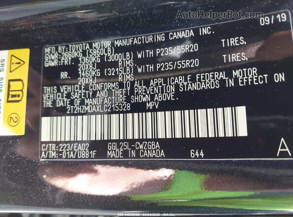 2T2HZMDAXLC215328 2020 LEXUS RX 350 Black Вид підкапотного простору