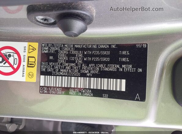 2T2HZMDAXLC225020 2020 LEXUS RX 350 Gray Widok komory silnika