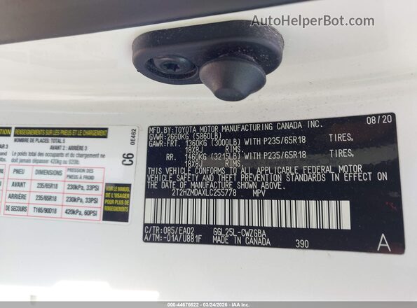 2T2HZMDAXLC255778 2020 LEXUS RX 350 White 