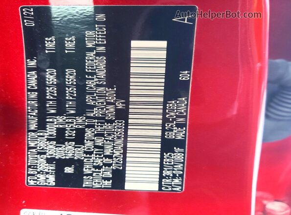 2T2SZMDA0NC358393 2022 LEXUS RX Red Vista de la etiqueta del VIN