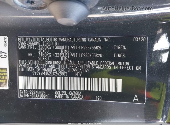 2T2YZMDA2LC242863 2020 LEXUS RX 350 Black Widok komory silnika
