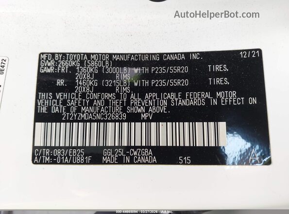 2T2YZMDA5NC326839 2022 LEXUS RX 350 White ძრავის განყოფილების ხედი