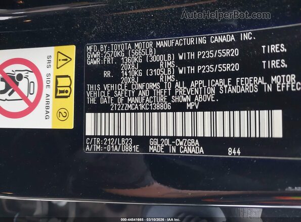 2T2ZZMCA1KC138806 2019 LEXUS RX 350 Black 