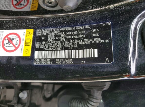 2T2ZZMCA3JC096332 2018 LEXUS RX Black Vista de la etiqueta del VIN