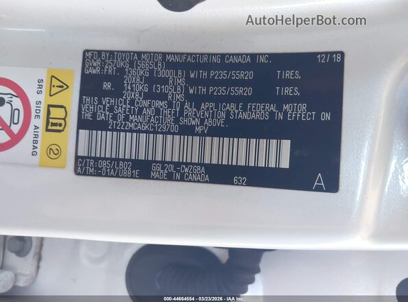 2T2ZZMCA6KC129700 2019 LEXUS RX 350 White Vista del compartimento del motor