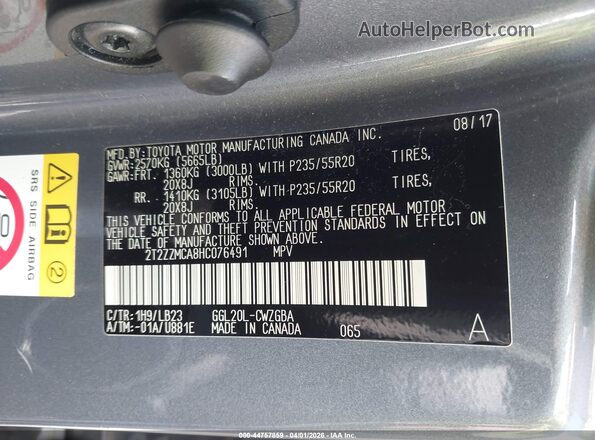 2T2ZZMCA8HC076491 2017 LEXUS RX 350 Gray Vista del compartimento del motor