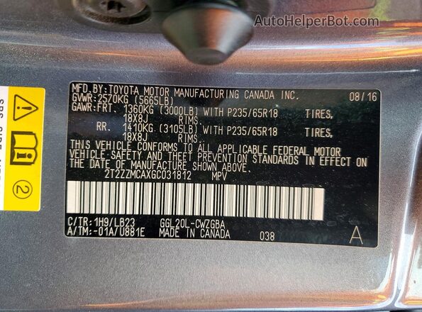 2T2ZZMCAXGC031812 2016 LEXUS RX Gray Вид наклейки з VIN-кодом