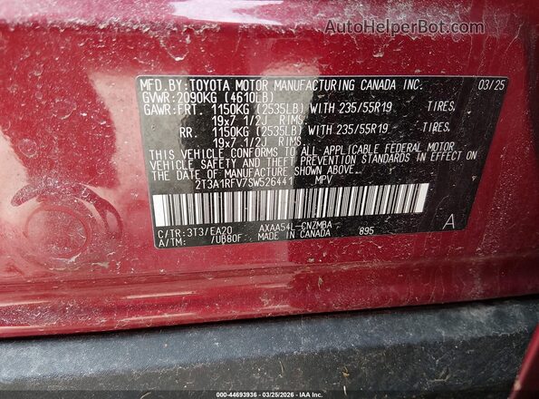 2T3A1RFV7SW526441 2025 TOYOTA LE Red Vista del compartimento del motor