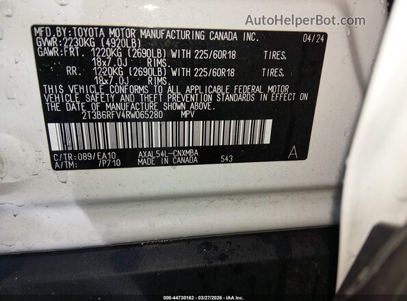 2T3B6RFV4RW065280 2024 TOYOTA LE White Շարժիչի բաժամունքի տեսք