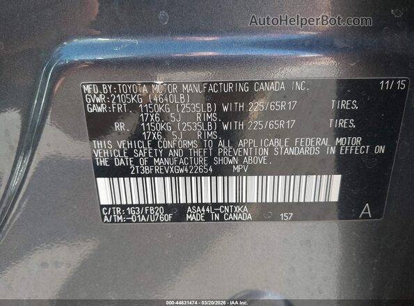 2T3BFREVXGW422654 2016 TOYOTA LE Gray Շարժիչի բաժամունքի տեսք