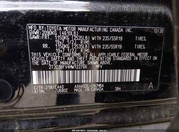 2T3C1RFV4MW122766 2021 TOYOTA LE Black Widok komory silnika