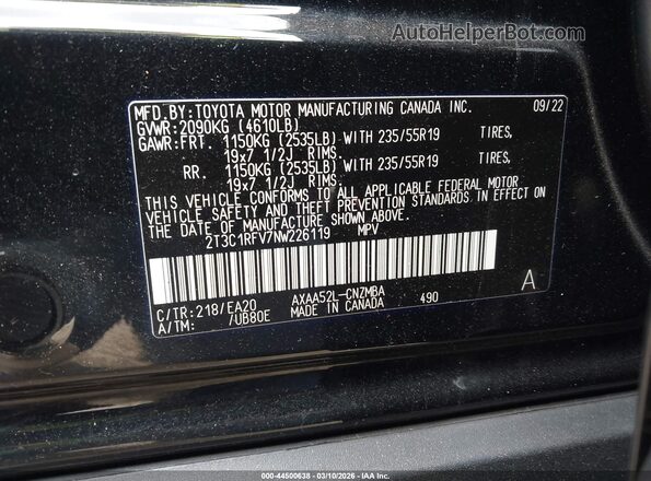 2T3C1RFV7NW226119 2022 TOYOTA LE Black Vista del compartimento del motor