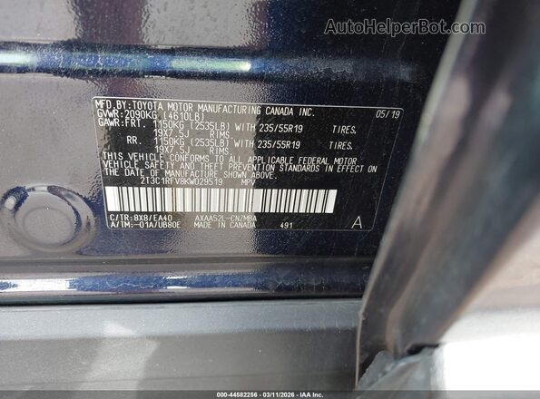 2T3C1RFV8KW029519 2019 TOYOTA LE Blue ძრავის განყოფილების ხედი