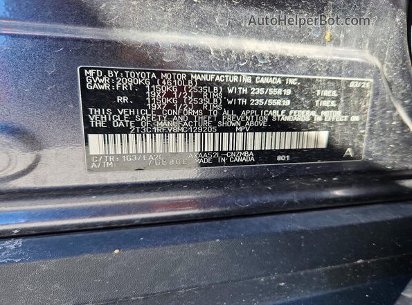 2T3C1RFV8MC129205 2021 TOYOTA LE Charcoal VIN կոդի պիտակի տեսք
